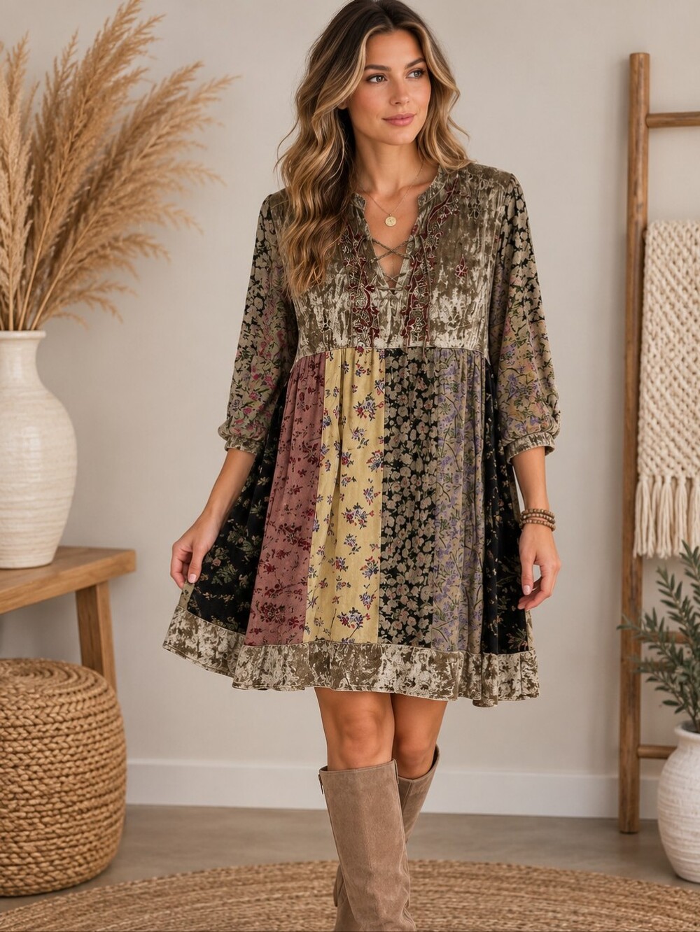 Patchwork Floral Lace-Up Mini Dress in Olive Multi